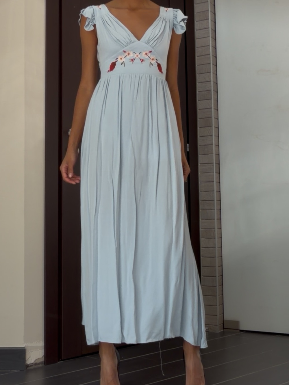Elegant Sky-Blue Embroidered Maxi Dress with Cap Sleeves